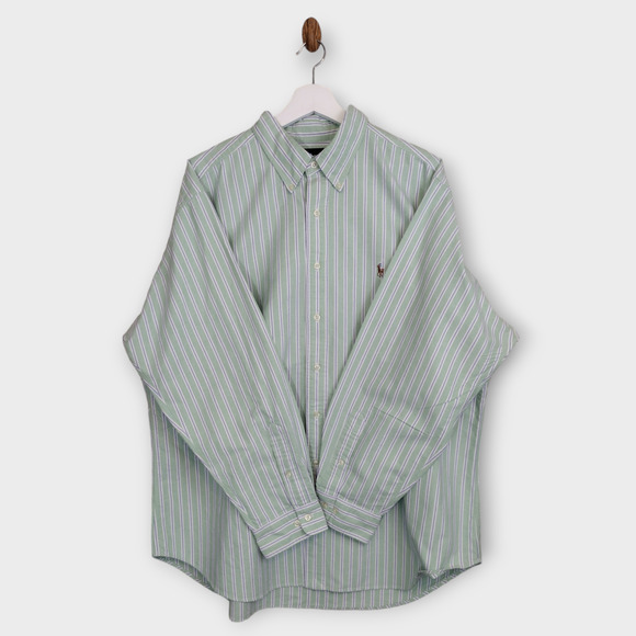 Ralph Lauren Shirt Men 18-34/35 Green Blue Striped Flesh Pony Casual Button Down - Picture 2 of 9